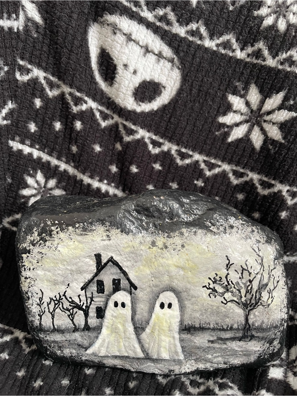 Halloween Hand Painted Rock Decor | Ghosts & Haunted House | One of a Kind Art
